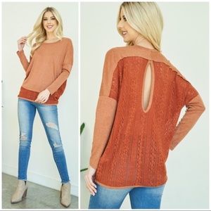 Ryu A’reve Rust Round Neck Top Crochet Detailed Back Long Dolman Sleeves